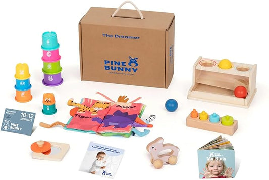 Pine Bunny Montessori Wooden 11-in-1 Toy Set for 10+ Months, Cylinder Block, Push Ball Box, Mirror Puzzle, Stacking Cups Rabbit Rattle Soft Book Educational Learning Color Recognition Fine Motor Toys