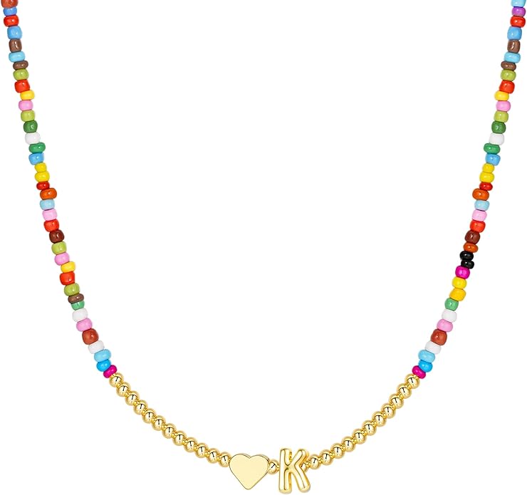 M MOOHAM Stocking Stuffers for Teen Girls Christmas Gifts - Heart Initial Necklaces for Women Kids Colorful Beaded Tiny Heart Initial Choker Necklace Jewelry for Teen Girls Trendy Birthday Gifts