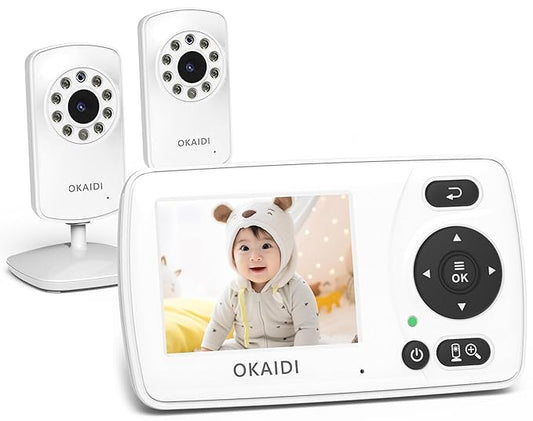 OKAIDI Video Baby Monitor with 2 Cameras, 2.4'' Portable Travel Screen, 1000ft Long Range Transmission, Baby Monitor No WiFi, Infrared Night Vision, VOX Mode