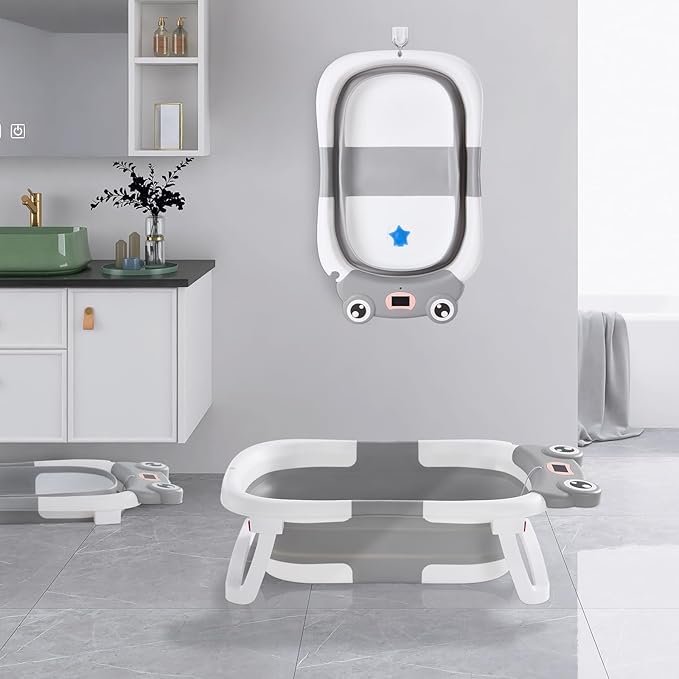 Foldable Baby Bathtub with Cushion & Water Thermometer and Drain Hole, Portable Durable Foldable Baby Bath Tub for Newborn Infants 0-36 Months (Grey)
