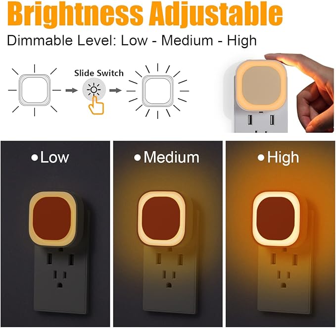 4 Pack Plug in Amber Night Light, Auto Dusk to Dawn, Soft Glow, Dimmable, Diffused Light, LED Lights for Bedroom, Kids, Bathroom, Sleep, Baby Nursery, Toddler, Hallway, Kitchen, Home Decor