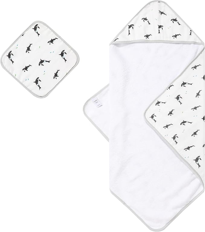 Bamboo Viscose Baby Hooded Towel & Washcloth Set for Babies and Toddlers, Soft & Absorbent, 70% Viscose from Bamboo, 30% Cotton Muslin - Imported (Orca)