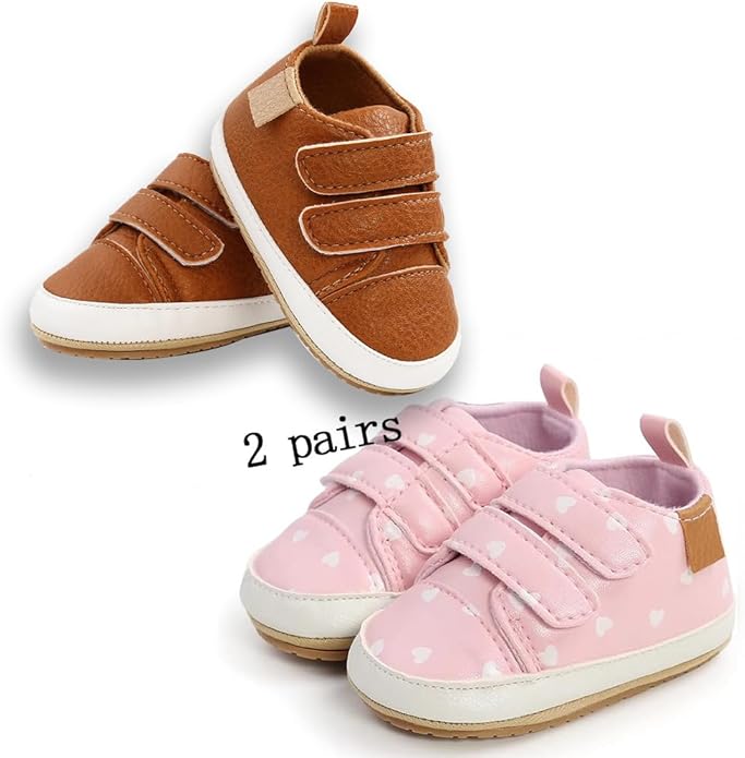 2Pairs Baby Shoes,Boys Girls Non-Slip Rubber Sole Sneakers,Unisex Infant Soft Lightweight First Walking Crib Shoes