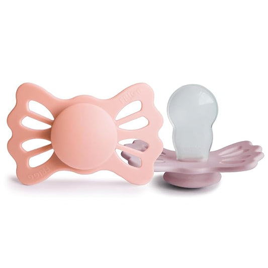 FRIGG Lucky Symmetrical SilkySoft Silicone Baby Pacifier | Made in Denmark | BPA-Free (Pretty in Peach/Primrose, 6-18 Months)
