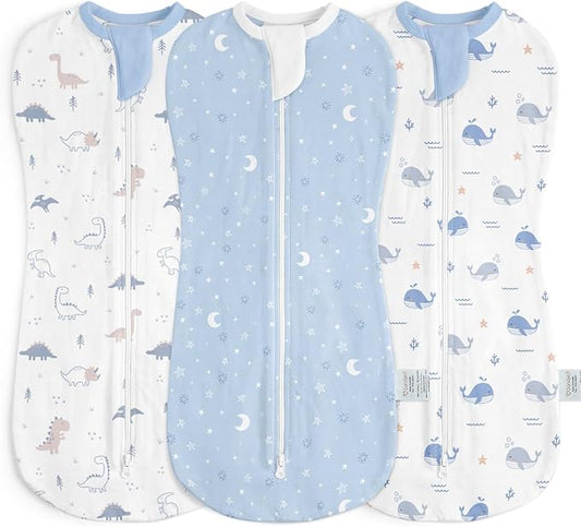 Baby Swaddle 0-2 Months, Cotton Arm-In Zipper Sleep Sack, Wearable Blankets Wrap for Newborn Infant Boys (Dinosaur, Star Moon, Whale, Pack of 3)