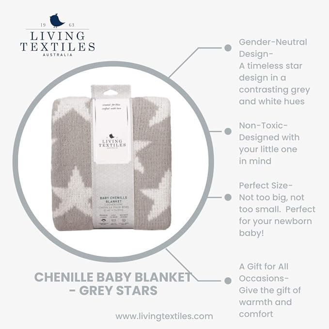 Living Textiles Grey Stars Chenille Soft Baby Blanket Reversible Premium Cozy Fabric for Best Comfort - for Infant,Toddler,Newborn,Nursery,Boy,Girl,Unisex,Throw,Crib,Stroller,Gift, Grey Stars 40x30