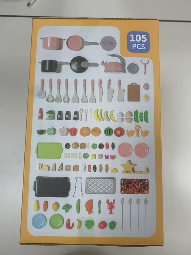 105Pcs Kids Kitchen Toy Accessories, Toddler Pretend BBQ Camping Cooking Playset, Play Pots, Pans, Utensils Cookware Toys, Play Food Set, Vegetables, Learning Gift for Girls Boys