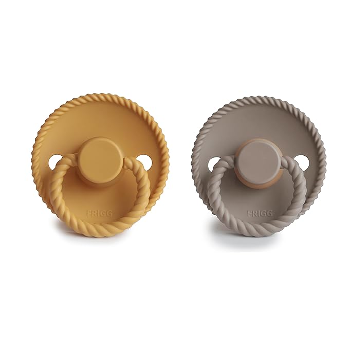 FRIGG Rope Natural Rubber Baby Pacifier | Made in Denmark | BPA-Free (Honey Gold/Portobello, 0-6 Months)