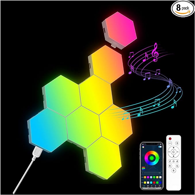 OJQ 8 Pack Hexagon Lights Wall RGB Panel - Hexagonal Led Lights Room Decor Wall Lights Smart APP Music with Sync Honeycomb Shape Panels Hexagon Gaming Night Lights for Bedroom Children