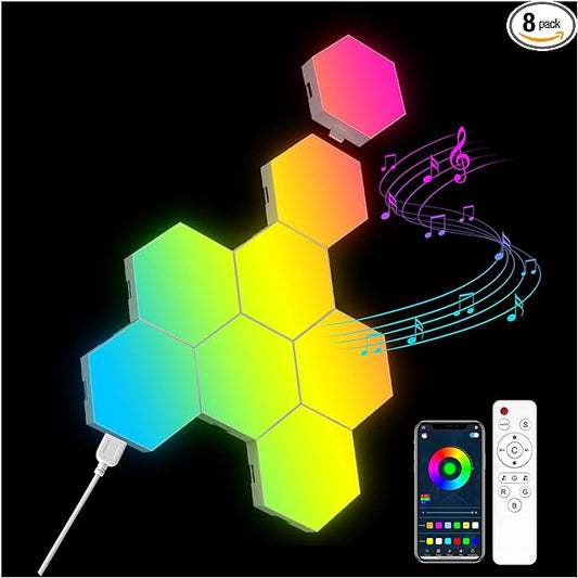 OJQ 8 Pack Hexagon Lights Wall RGB Panel - Hexagonal Led Lights Room Decor Wall Lights Smart APP Music with Sync Honeycomb Shape Panels Hexagon Gaming Night Lights for Bedroom Children