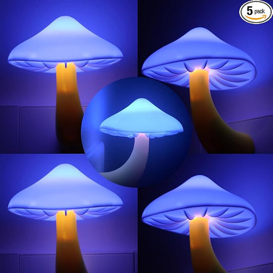 AUSAYE 5Pack LED Sensor Night Light Plug in Lamp Blue Cute Mushroom Night Lights for Adults Kids NightLight Bedroom,Bathroom,Toilet,Hallway,Stairs,Kitchen,Basement