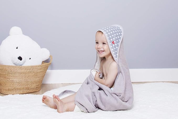 BabyToLove Extra Large Smart Baby Towel | Oversized Hooded Towel for Newborns & Toddlers | Soft & Thick Bath Wrap | Stay Dry Loop and Hook Style | White Stars