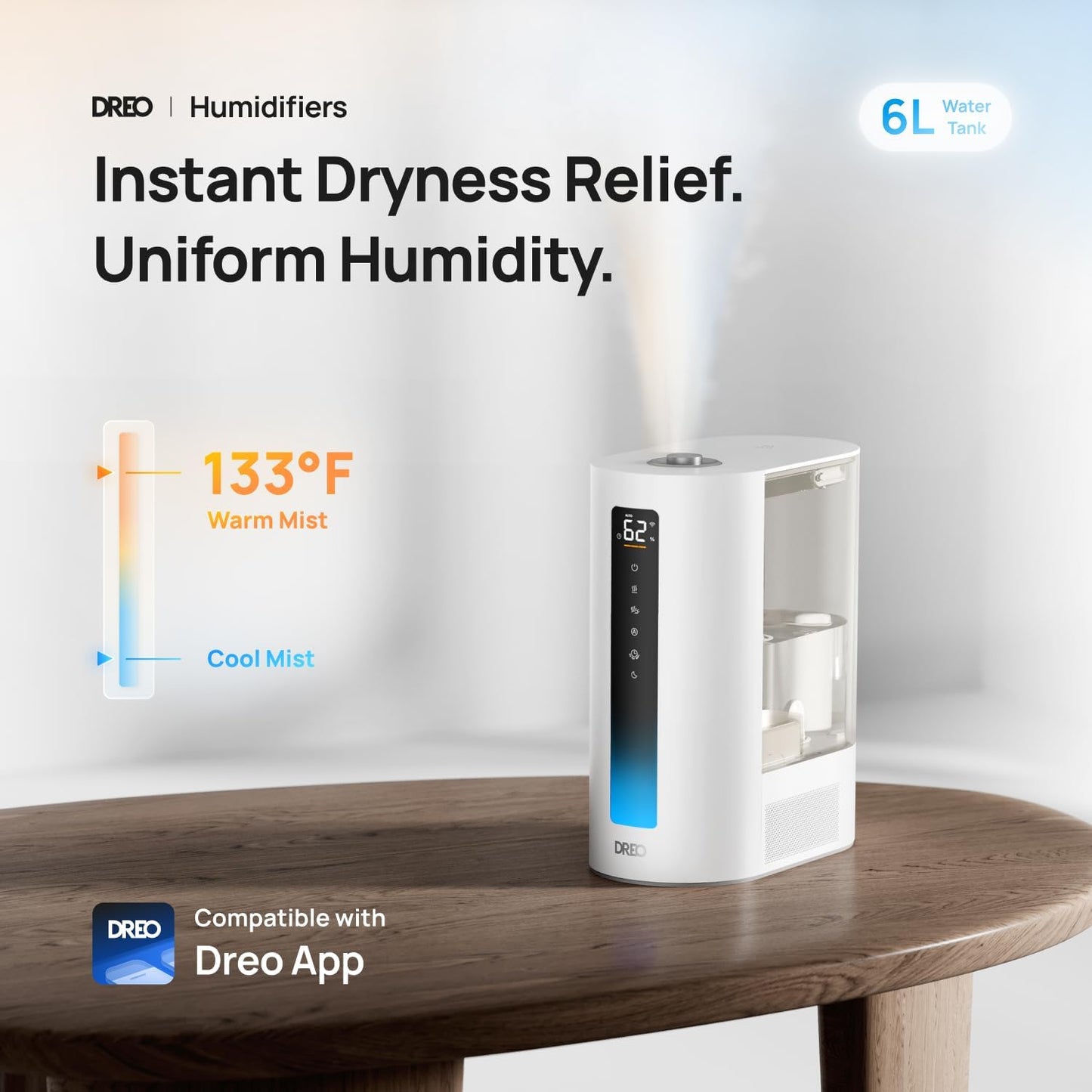 Dreo 6L Humidifiers for Bedroom, Smart Warm & Cool Mist for Large Room, 60Hr Quiet Runtime for Baby, Plant, Humidity Sensor, Indicator Light, 12H Timer, Google/Alexa, Grey