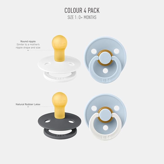 BIBS Colour Soother 4-Pack | BPA Free Dummy Pacifier | Round Nipple | Natural Rubber Latex | Made in Denmark | Size 0-6 Months | White Glow Mix
