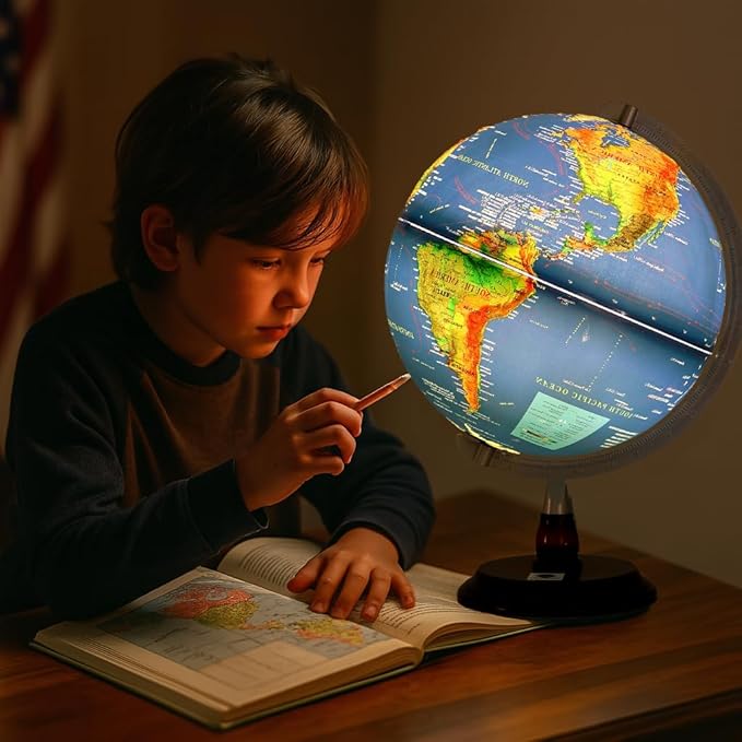 12” Raised Relief World Globe with LED Light, Desk Globe with Wood Base & Metal Meridian,Educational Geography Tool for Students, Teachers & Office Decor(Blue, 12 Inch)
