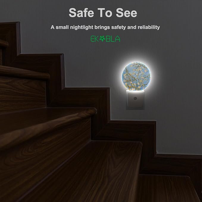 EKOBLA Almond Tree Blooming Night Light - Van Gogh Floral Painting LED Plug-in Nightlights with Dusk to Dawn Sensor, 0.5W Sleep-Friendly Lighting for Bedroom & Living Room (White & Blue)