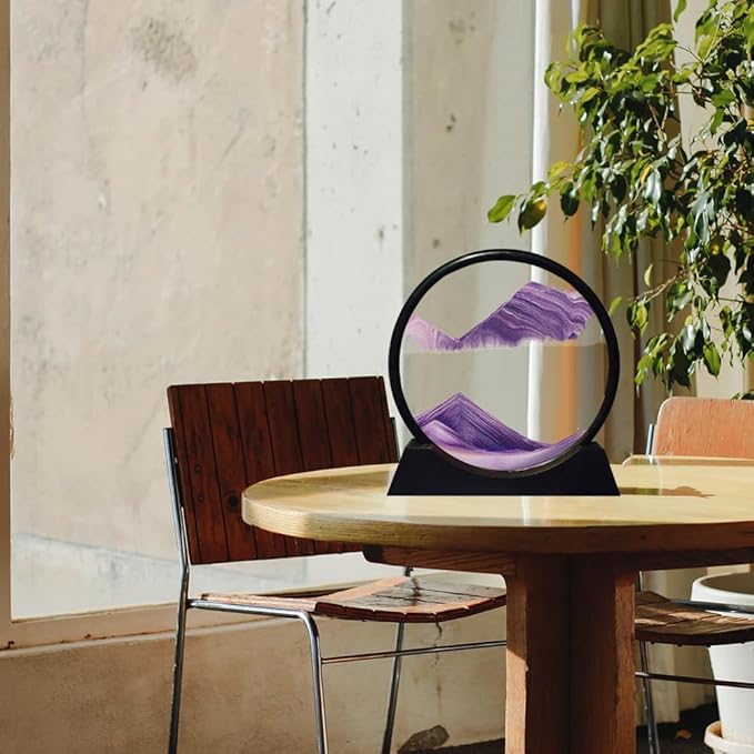 Aoderun Moving Sand Art Picture Round Glass 3D Deep Sea Sandscape in Motion Display Flowing Sand Frame Relaxing Desktop Home Office Work Decor (12", Purple)