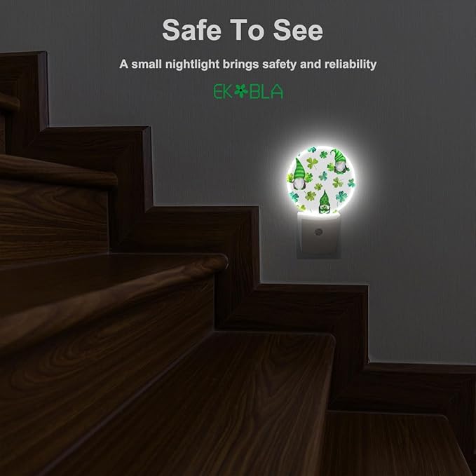 EKOBLA Cute Patrick's Gnome Night Light Green Shamrock Clover Leaves Plug-in Nightlights Auto Sensor LED Plug-in Nightlights for Men Women Girls Boys Home Decor