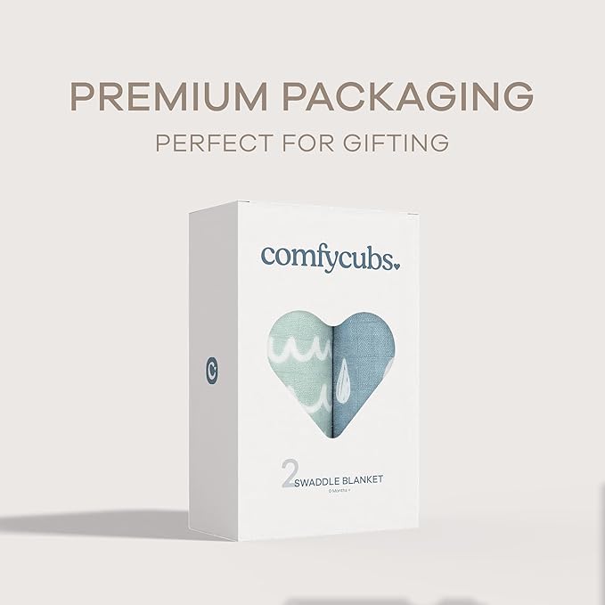 Comfy Cubs Muslin Swaddle Blankets Pack of 2 - 47 x 47 Inch Soft Cotton Baby Blanket Set, Large Multipurpose Wraps for Newborns - Self-Soothing Swaddles for Newborns - Rain & Doodle