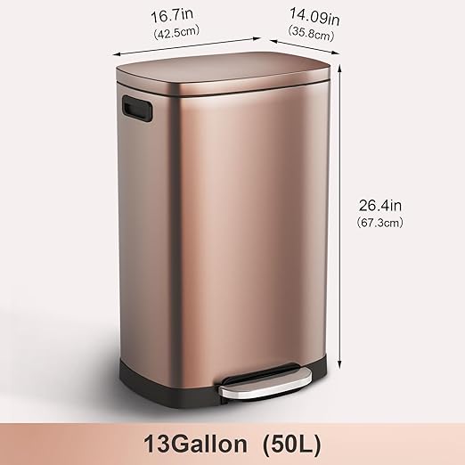 ELPHECO Kitchen Trash Can with Lid Soft Close, 13 Gallon / 50L Stainless Steel Pedal Garbage Can, Heavy-Duty Step Wastebasket with 20 Bags, Removable Bucket, Home Office, Champagne