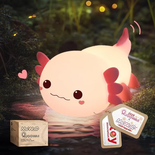 Mewaii Huggwaii Squishy Axolotl Night Light for Kids – Dimmable Silicone Axolotl Lamp, 2025 Upgraded Baby Night Light, Rechargeable, 20H Battery Life, Sleep Aid Gift for Toddlers, Girls&Room Decor