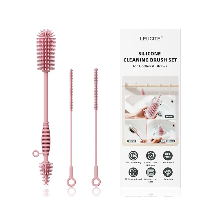 Silicone Cleaning Brush Kit,Water Bottle and Straw Cleaner Brush Set for Tumbler,Baby Bottle,Breast Pump Part,Nipple,Sippy Cup,Glass,Dishwasher Safe,BPA Free,3 Pcs