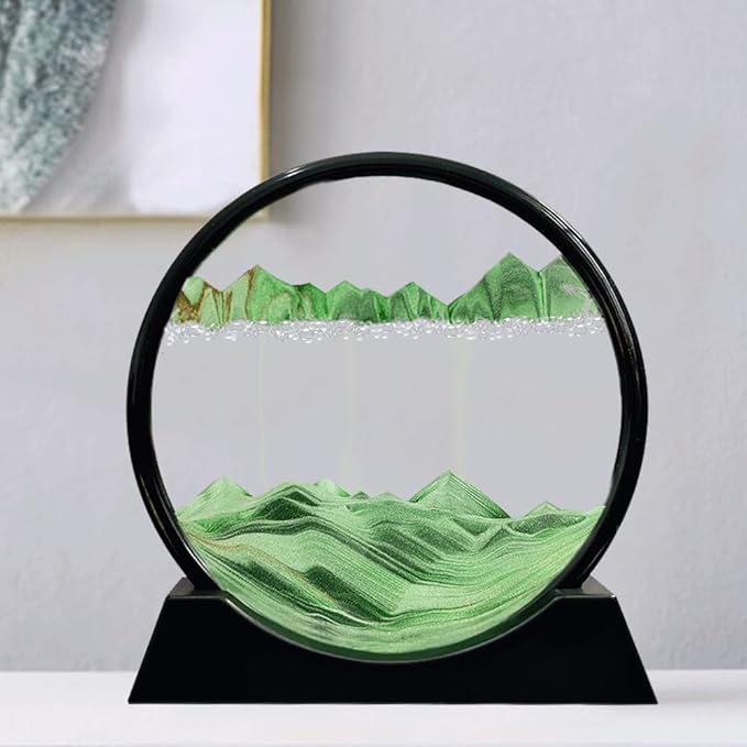 Aoderun Moving Sand Art Picture Round Glass 3D Deep Sea Sandscape in Motion Display Flowing Sand Frame Relaxing Desktop Home Office Work Decor (7", Green)