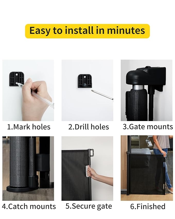 Retractable Baby Gate for Stairs – 33” Height, Expands up to 71” Width – Safety Gate for Infants, Toddlers, Dogs & Pets – Easy Install, Secure Closure, Black Mesh Design for Indoor & Outdoor Use