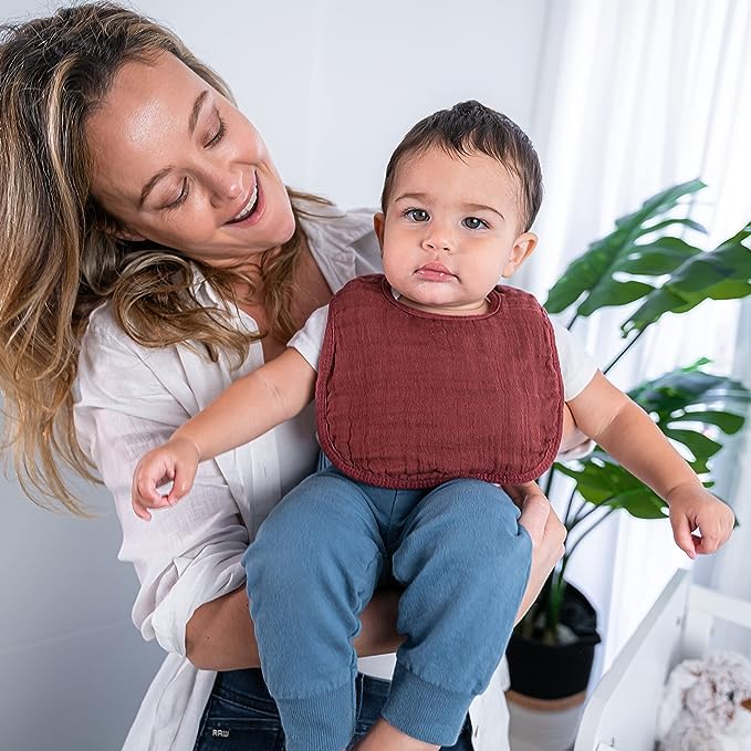 Comfy Cubs Muslin Bibs for Babies, Pack of 4 - Soft and Highly Absorbent, Feeding, Drool and Teething Bib, Adjustable Snaps - Stylish & Colorful Unisex Designs, Giftable Set - Wine