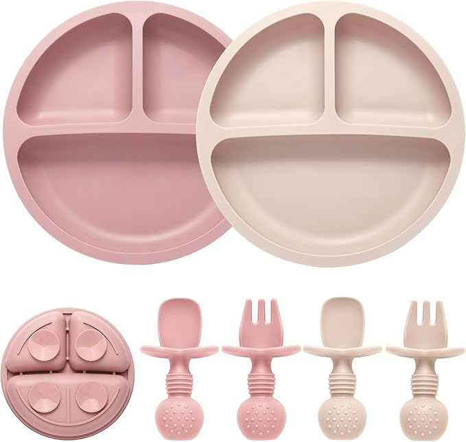 Silicone Feeding Set, 2 Pack Divided Toddler Plates with Suction, 2 Pack Utensils - Spoons & Forks, BPA Free, Baby Led Weaning Supplies