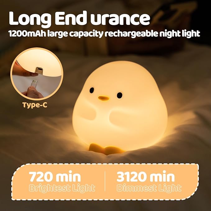 Duck Silicone Night Light for Kids - Color Changing LED Lamp with Soft Touch, USB Rechargeable & Long Battery - Cute Touch Control Duck Light for Kids Room & Birthday Gifts
