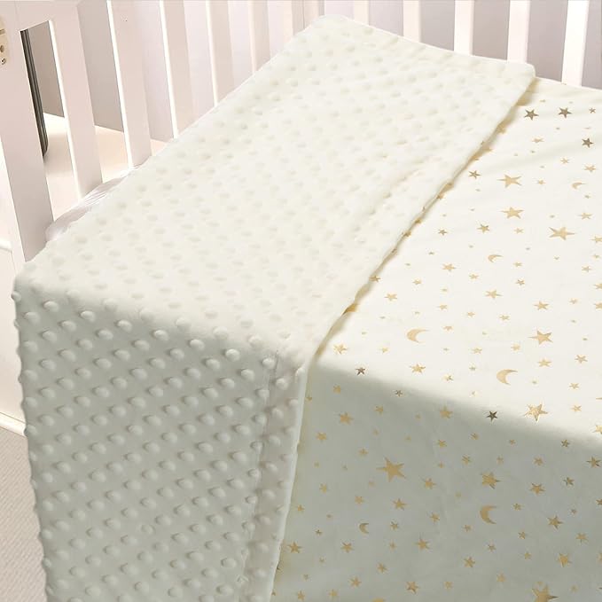 Baby Blanket for Boys Girls Soft Minky with Double Layer Dotted Backing, Star and Moon Printed 30 x 40 Inch Receiving Blanket (Beige)