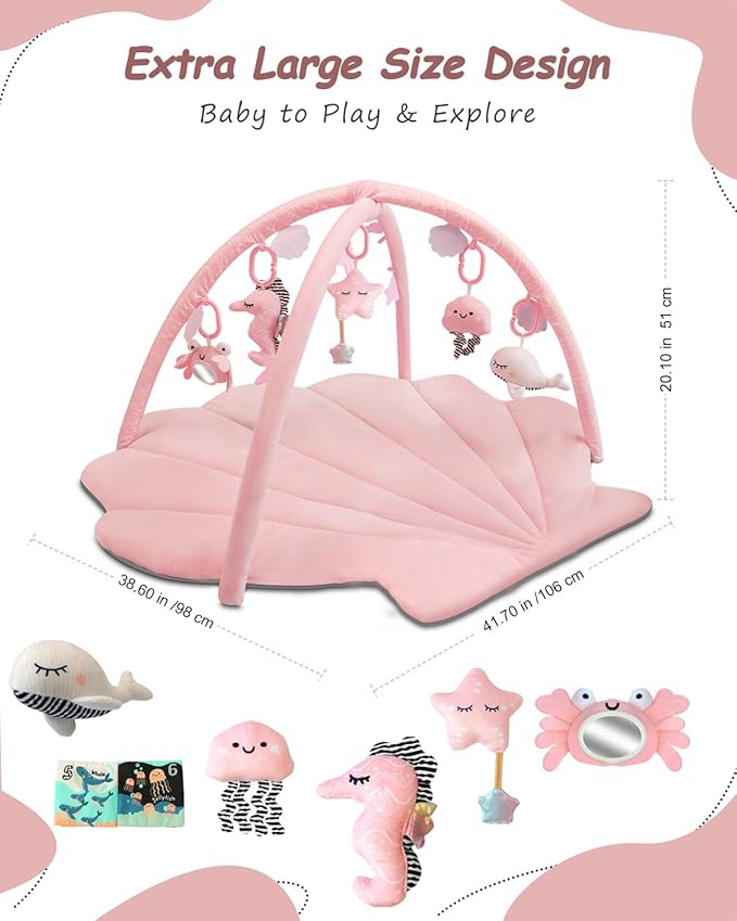 Baby Play Gym Mat, Oversize Baby Tummy Time Play Mat with 6 Detachable Toys for Sensory Exploration Motor Skill Development, Newborn Essentials Shower Gift Activity Mats for Babies 0-6 Months 6-12 Months