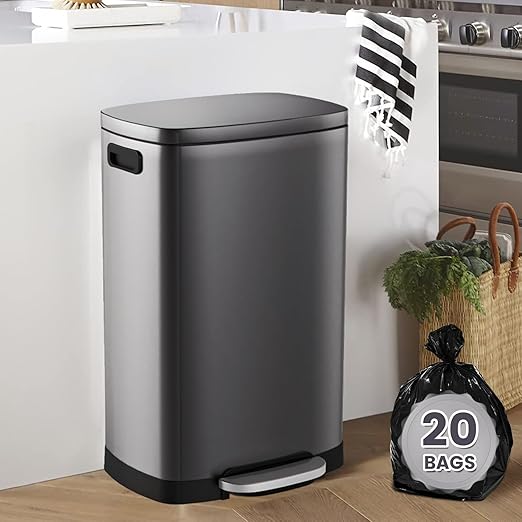 ELPHECO Kitchen Trash Can with Lid Soft Close, 13 Gallon / 50L Stainless Steel Pedal Garbage Can, Heavy-Duty Step Wastebasket with 20 Bags, Removable Bucket, Home Office, Titanium Black