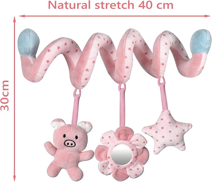 Car Seat Toys, Infant Baby Pink Pig Spiral Activity Hanging Toys Stroller Toys for Car Seat Stroller Bar Crib Bassinet Mobile with Mirror BB Squeaker and Rattles