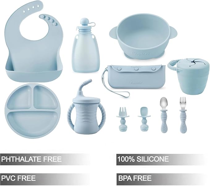 PandaEar Silicone Baby Feeding Set | 11PCS Baby Led Weaning Supplies Self Feeding Utensils | Divided Suction Plate Bowl Bibs Sippy Cup with Baby Food Pouch Snack Container Spoons Forks, Blue