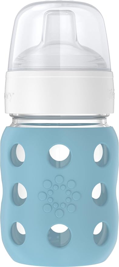 Lifefactory 8-Ounce Wide Neck Glass Baby Bottle with Protective Silicone Sleeve and Sippy Spout, Denim (LG2251WDE4)