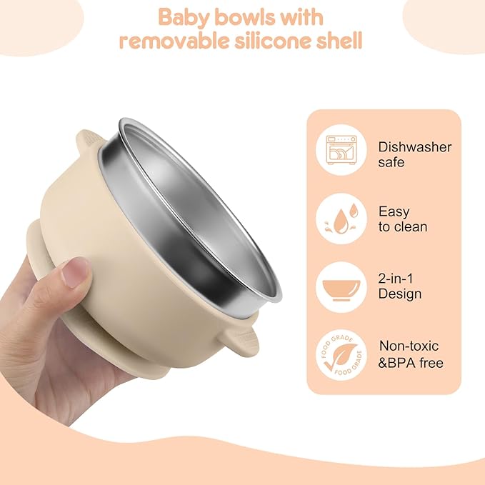 4 Pack Stainless Steel Baby Bowls with Removable Non-Slip Silicone Suction Shell, Anti Scald Food Container for Baby Food Feeding-Skyblue/Gray/Red/Cream