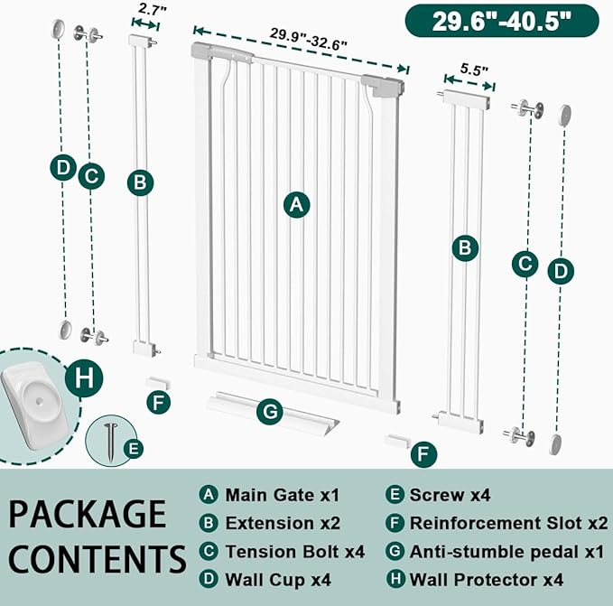 Fairy Baby 40.5" Extra Tall Baby Gate for Stairs Doorways, Fits 29.5" to 40.5" Wide Openings, Auto Close Extra Wide Dog Gate Indoor for The House, Metal Pressure Mounted Pet Cat Gate for Kids, White