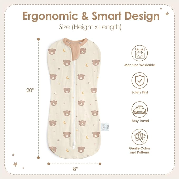 Baby Swaddle 0-2 Months, Cotton Arm-In Zipper Sleep Sack, Wearable Blankets Wrap for Newborn Infant Girls, Boys (Bear, Star Moon, Pack of 2)