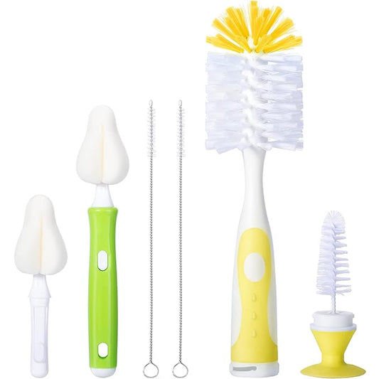 Baby Bottle Brush with One Base Hidden Nylon Nipple Cleaner, 2 Pcs Sponge Nipple Brushes, 2 Pcs Straw Brushes, Bottle Brush with Nipple Cleaner and Suction Cup (Yellow)