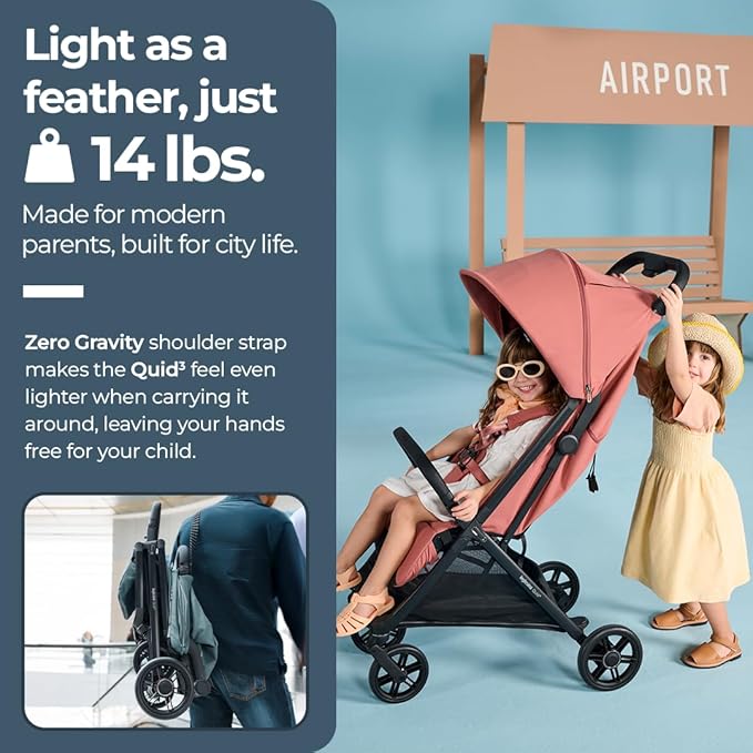 Inglesina Quid³ Stroller, Aurora Pink - Compact Reclining Travel Stroller for Baby & Toddler 0-55 lbs, One Hand fold, Airplane Overhead, Lightweight, Foldable, XL UPF 50+ Canopy