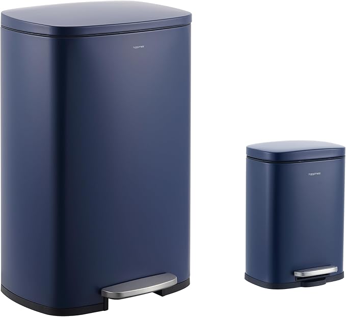 happimess HPM1006J Connor Rectangular 13-Gallon Trash Can with Soft-Close Lid and Free Mini Trash Can, Fingerprint Resistant, Modern, Minimalistic for Home, Kitchen, Office, Bathroom, Denim Blue