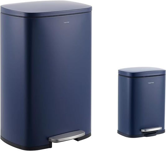 happimess HPM1006J Connor Rectangular 13-Gallon Trash Can with Soft-Close Lid and Free Mini Trash Can, Fingerprint Resistant, Modern, Minimalistic for Home, Kitchen, Office, Bathroom, Denim Blue