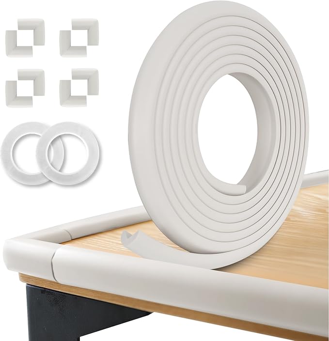 Baby Proof Corners and Edges, (Large 16.5FT Edge +8 Corners) Baby Proofing Corner Guards, Soft Rubber Foam Edge Protector, Furniture Tables Bumper Guard for Baby Safety, Cream