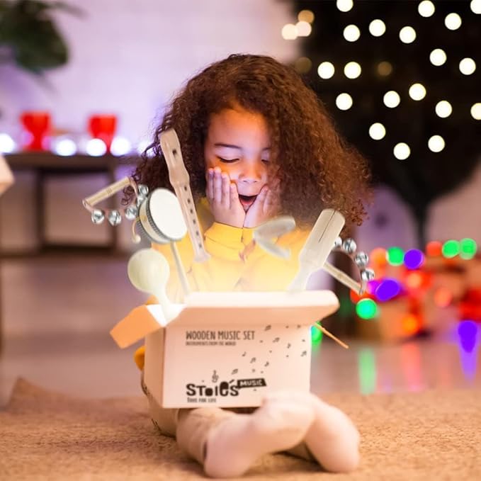 Stoie's Wooden Kids Musical Instruments for 3-9 Years Old, with Drum, Hand Bells, Flute, Maracas, Castanet, Tamburine, for Babies and Toddlers, Durable, Safe, Montessori Educational Toy, Storage Bag