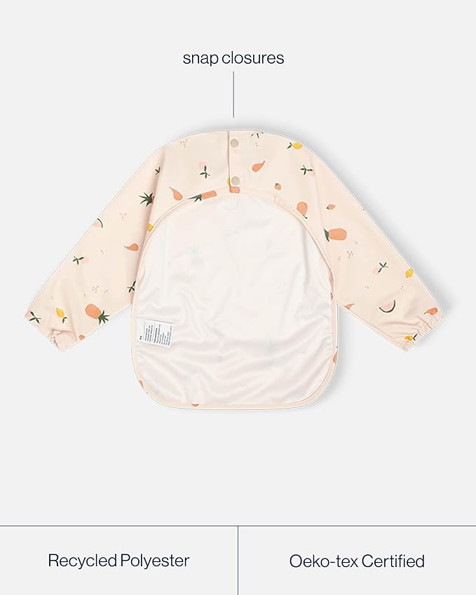 Lalo Smock Bib - Long Sleeve Bib for Infants and Toddlers - Elastic Cuffs, Large Catch-All Pocket, Waterproof Recycled Polyester - Easy to Clean for Mealtime - Fruit Print Grapefruit Infant