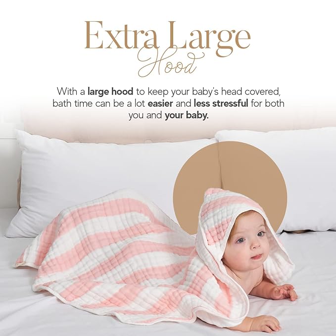 Muslin Hooded Baby Towel 4 Pack, Preuim Muslin 6 Layers Natural Cotton Baby Bath Towels, Soft and Comfortable for Boys,Girls (32x32,Pink Striped and White)