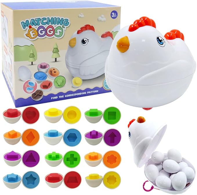 Easter Matching Eggs Toddler Toy with Push & Pull Chicken Box, 12 Pcs Montessori Sorter Learning Educational Toy, Multiple Shapes and Colors Fine Motor Skills Sensory Toy, Gift for Boys Girls
