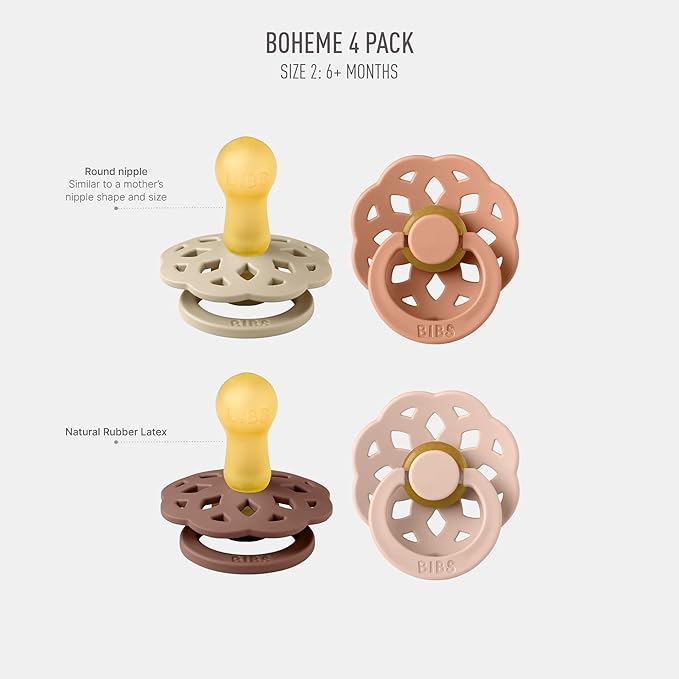 BIBS Boheme Soother 4-Pack | BPA Free Dummy Pacifier | Round Nipple | Natural Rubber Latex | Made in Denmark | Size 6-18 Months | Vanilla Mix